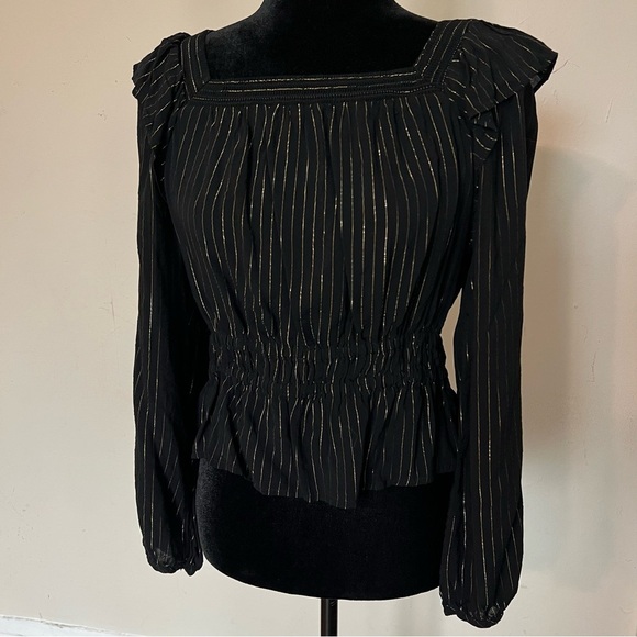 Universal Thread Square Neck Black Smocked Long Sleeve Gold Lined Blouse Sz M - Picture 3 of 9
